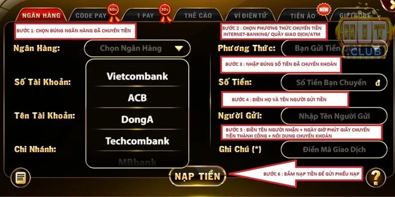 Hướng dẫn nap tiền tại cổng game HitClub